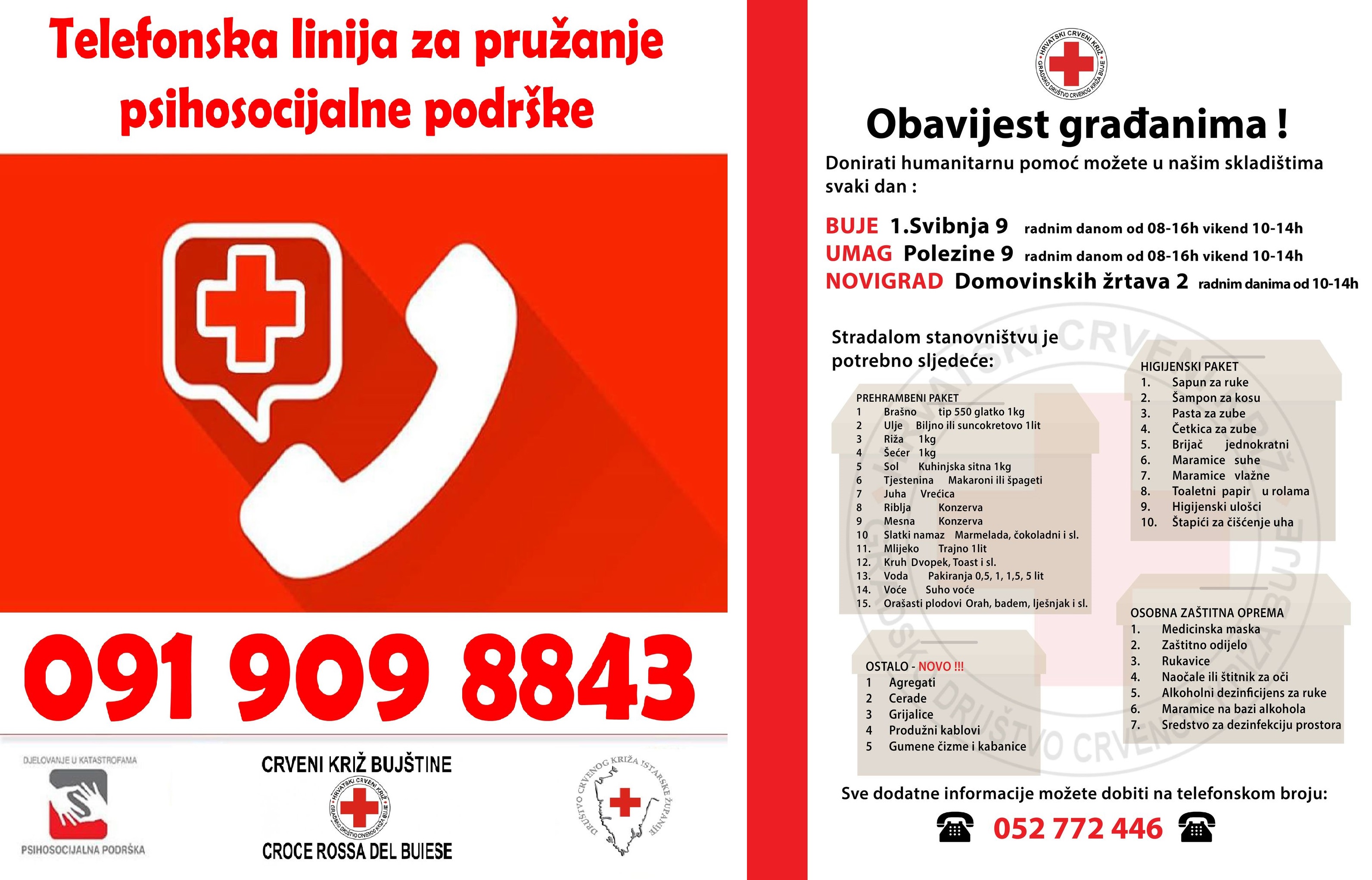 Crveni križ Buj&scaron;tine objavio aktualne potrebe za humanitarnom pomoći i uveo telefon za psiholo&scaron;ku pomoć