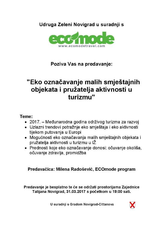 Eko označavanje malih smje&scaron;tajnih objekata i pružatelja aktivnosti u turizmu
