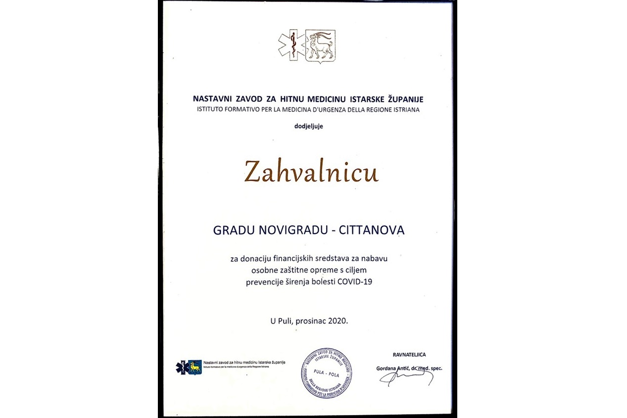 Nastavni zavod za hitnu medicinu Istarske županije zahvalio Gradu Novigradu na pomoći i donaciji